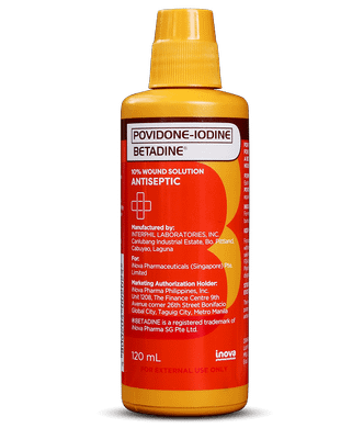 Povidone-Iodine Betadine Antiseptic Wound Solution 120mL bottle against white background