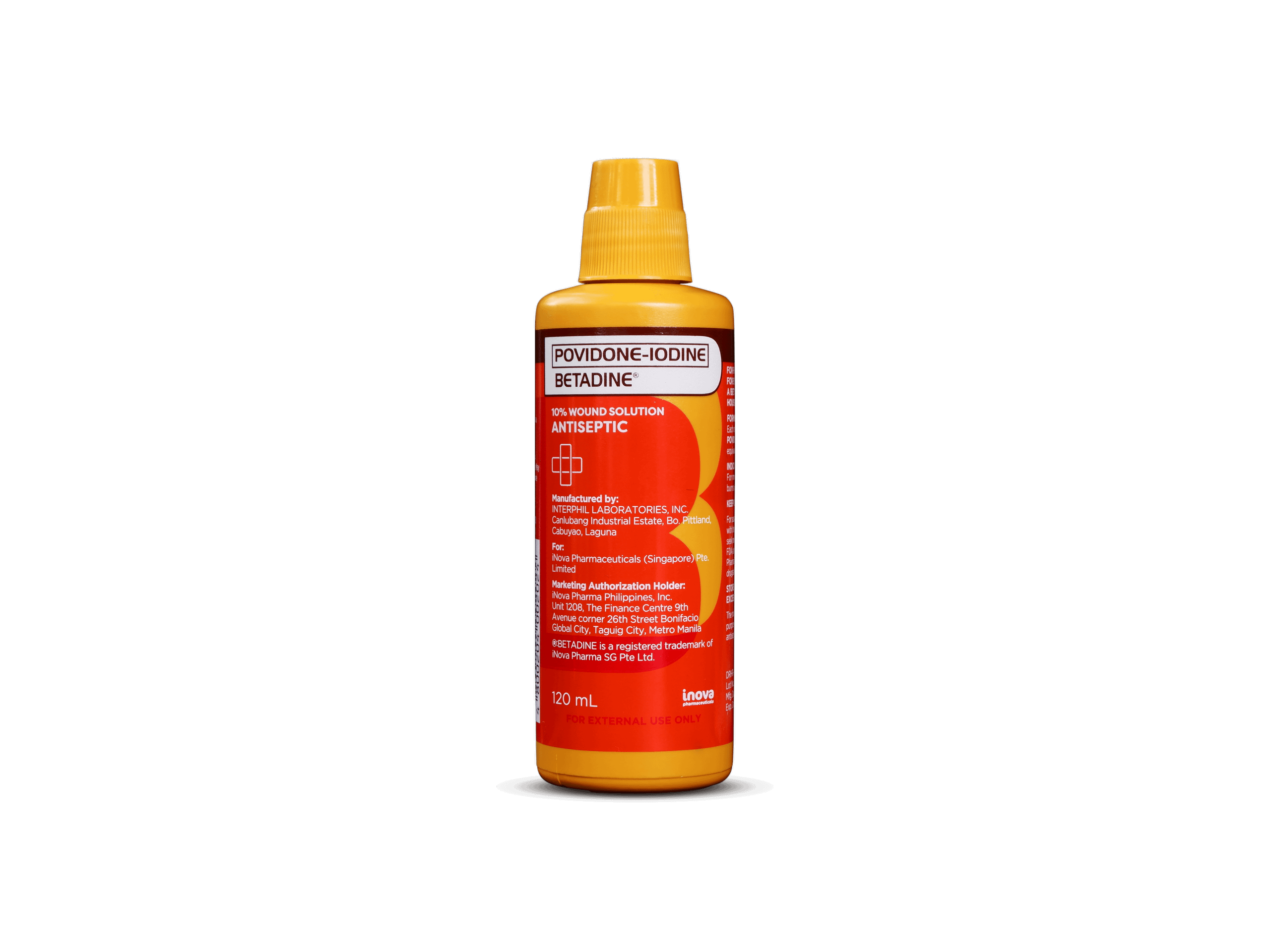 Povidone-Iodine Betadine Antiseptic Wound Solution 120mL bottle against white background