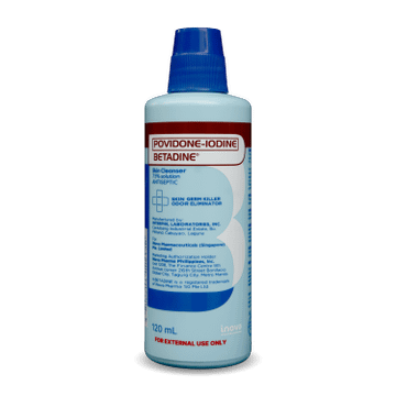 Povidone Iodine Betadine Skin Cleanser 120mL blue bottle against plain white background