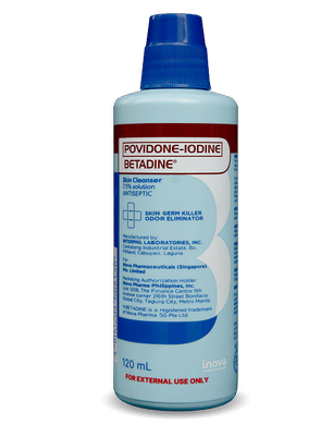 Povidone Iodine Betadine Skin Cleanser 120mL blue bottle against plain white background