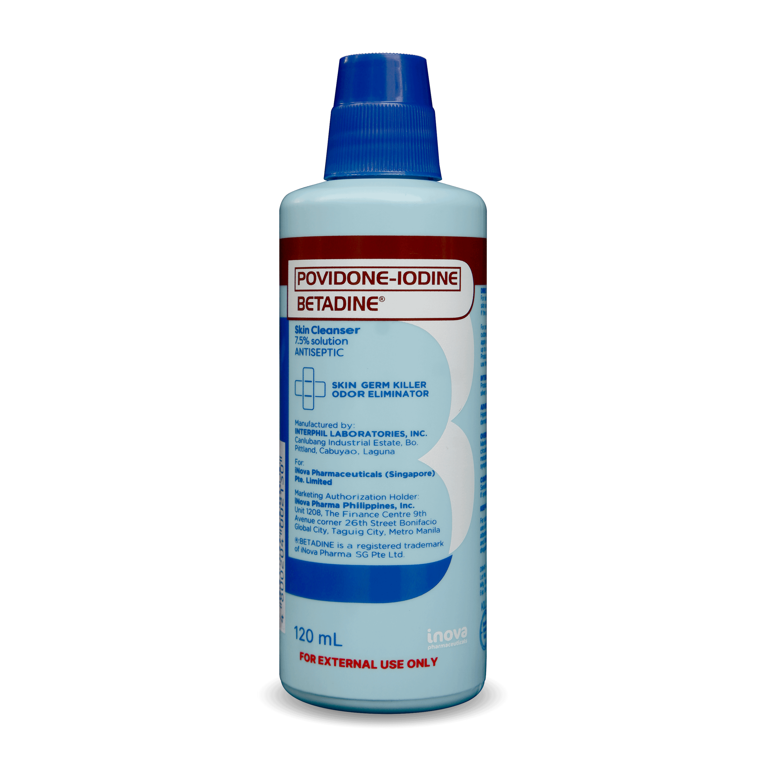 Povidone Iodine Betadine Skin Cleanser 120mL blue bottle against plain white background
