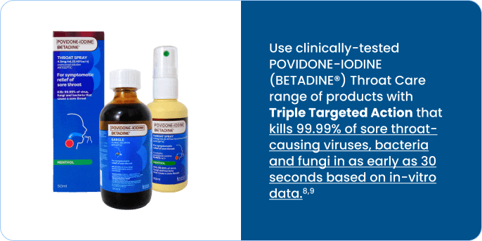 Photos of Betadine Throat Care products and its main claim and RTB