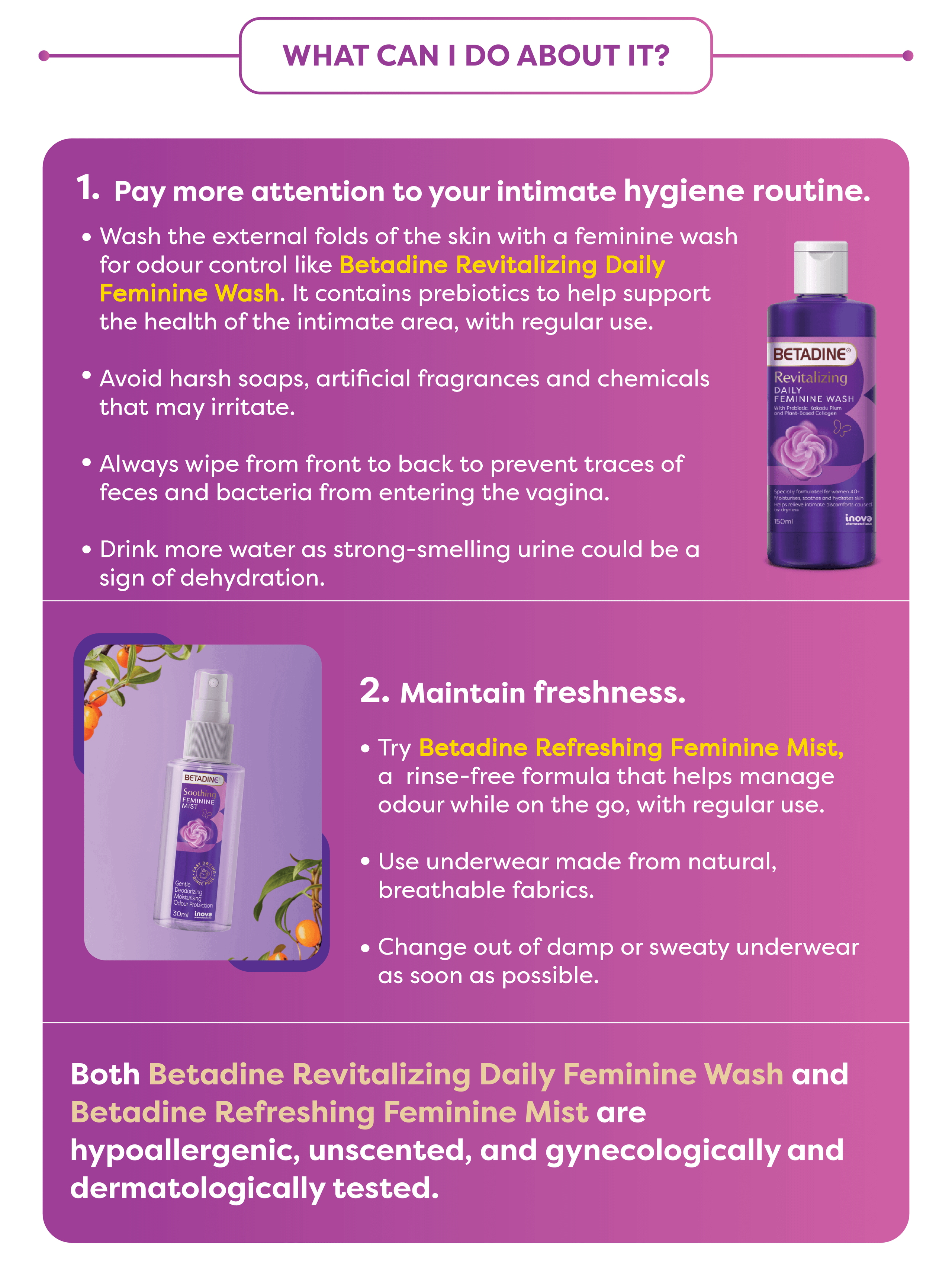 Dealing with Intimate Hygiene during Menopause Infographic on managing menopause intimate odor. Advice includes wearing breathable cotton underwear, practicing gentle water-only cleansing, avoiding harsh scented soaps, and consulting a doctor for HRT or BV.
